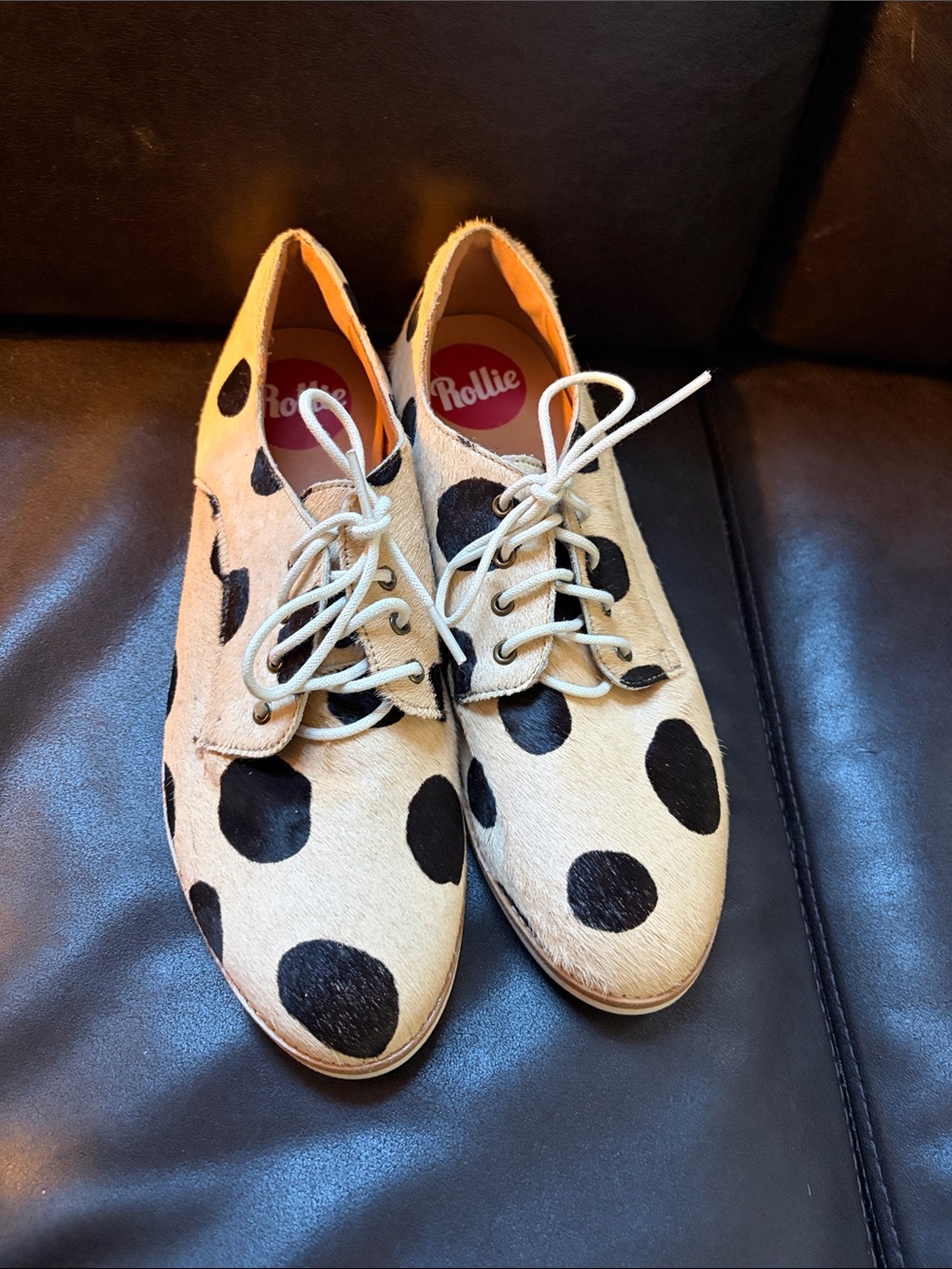 Rollie Polka Dot Lace-Up Flats in Beige and Black